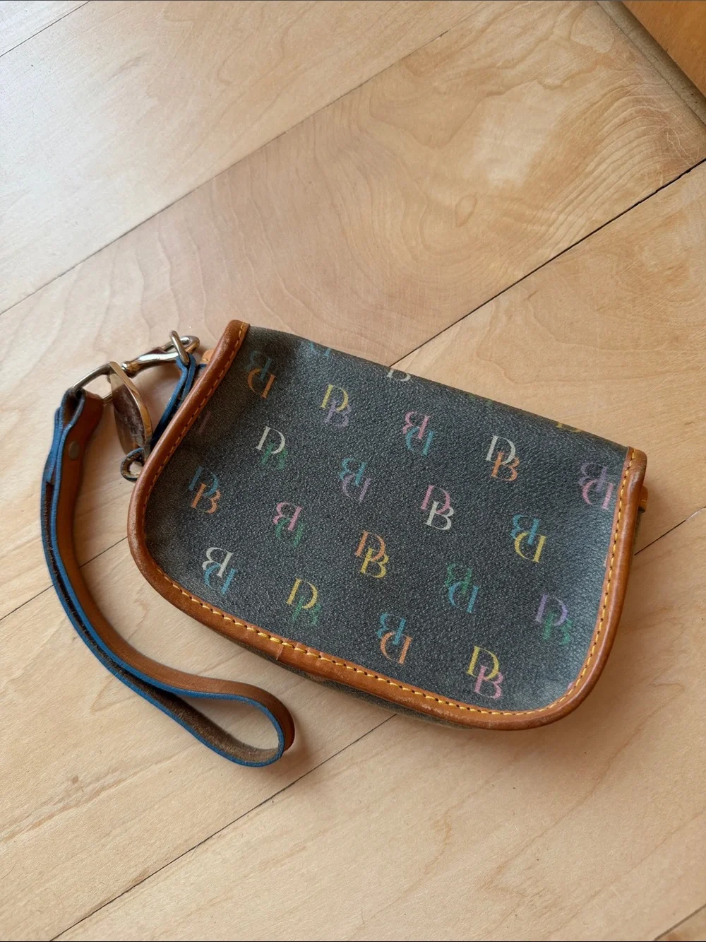 Dooney & Bourke Multicolor Monogram Wristlet with Tan Trim and Blue Strap